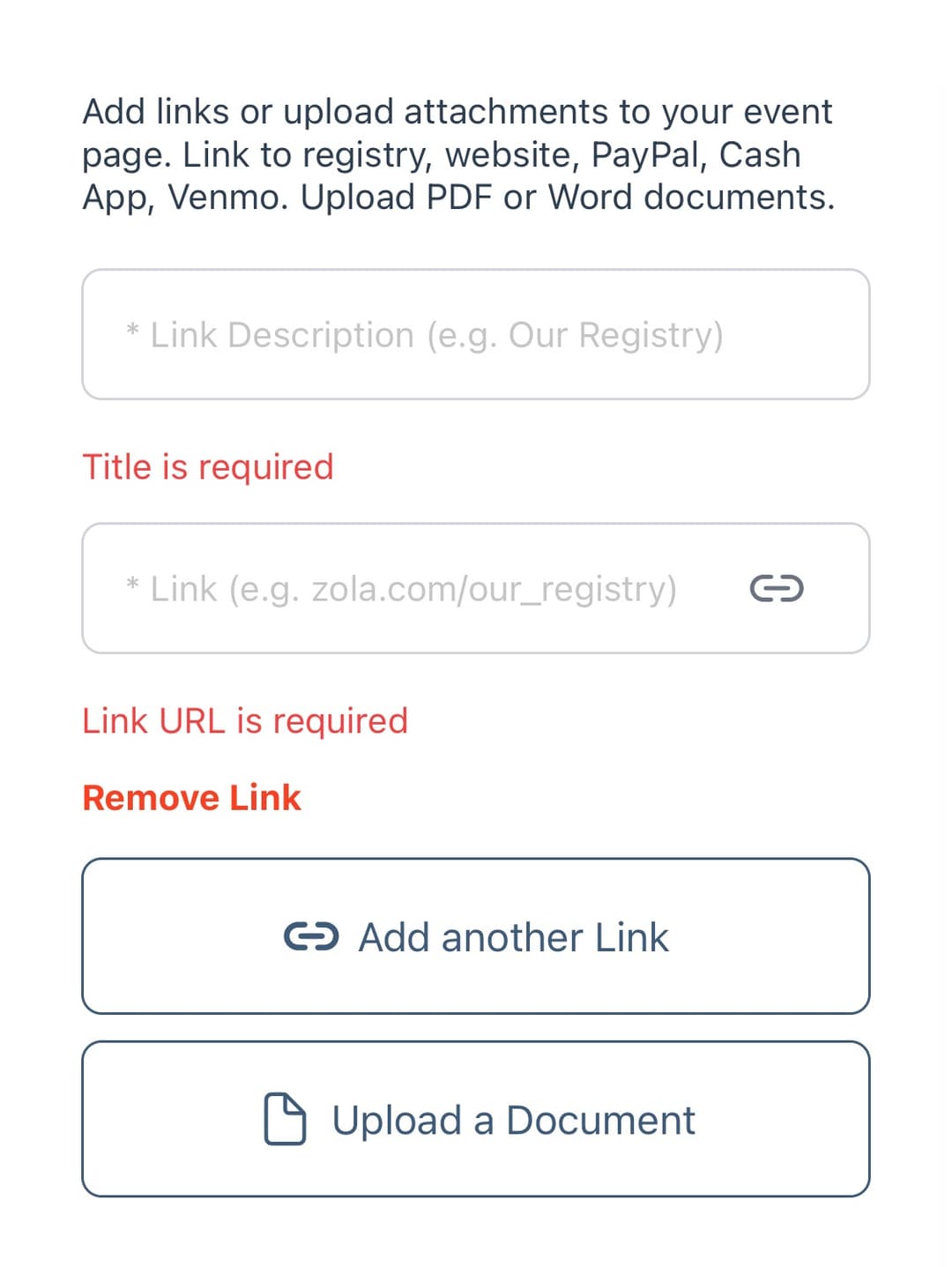 And enter Link Description (ex. Our Registry) and Link URL (ex. www.zola.com/registry)