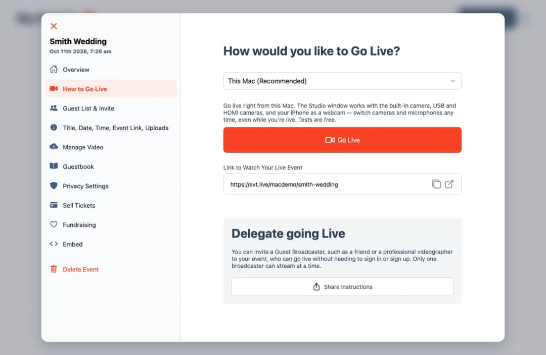 How to Go Live in EventLive for Mac, with This Mac (Recommended) selected and the Go Live button