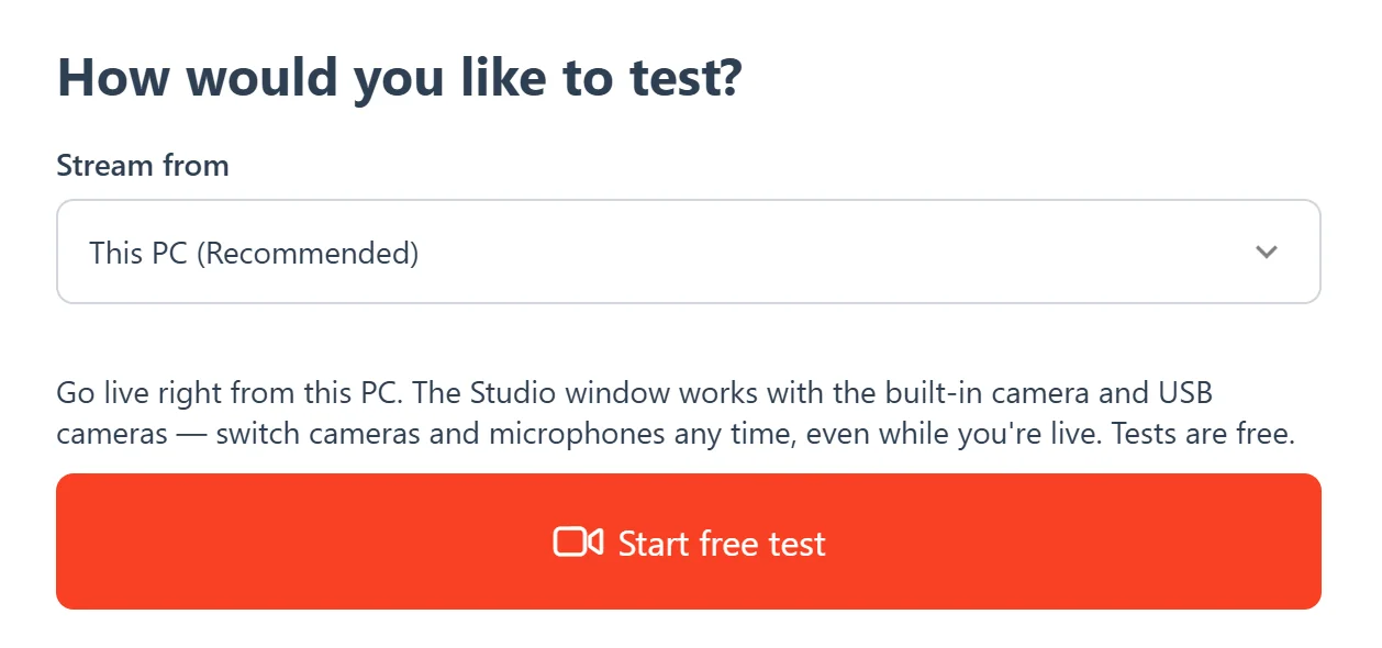 How to Go Live for a test event in EventLive for Windows: Stream from This PC (Recommended), a line about the Studio window and the Start free test button