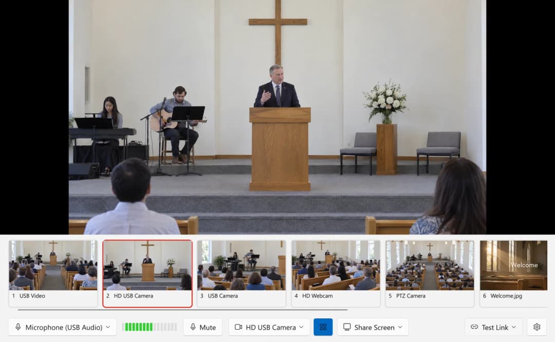 The Studio at a Sunday service with a numbered preview of every camera under the picture; the camera on air has a red outline