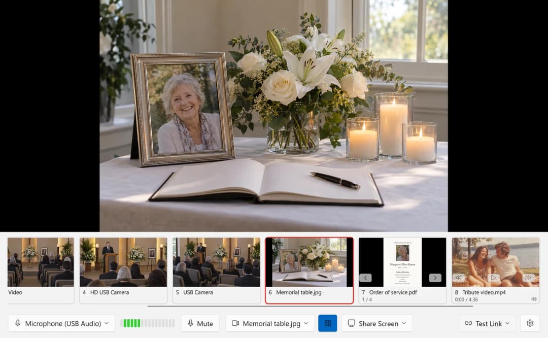 The Studio at a memorial service with a photo on air, and the order of service as a PDF with page buttons and a tribute video ready in the strip