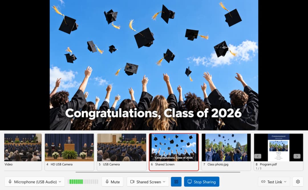 The Studio at a graduation sharing a screen with a slide, shown whole, with the shared screen as a tile in the strip and the Stop Sharing button at the bottom