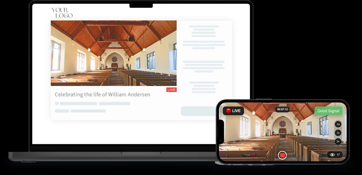 La página de un servicio en EventLive con la marca de una funeraria, en una laptop, transmitido en vivo desde un iPhone
