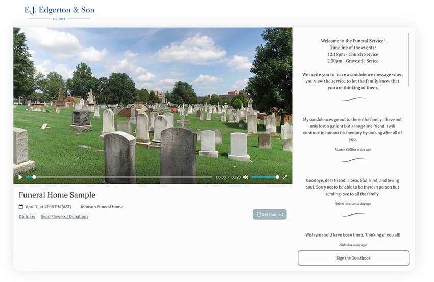 La página de un servicio con la marca de una funeraria, con el video, el programa del servicio y las condolencias del libro de visitas