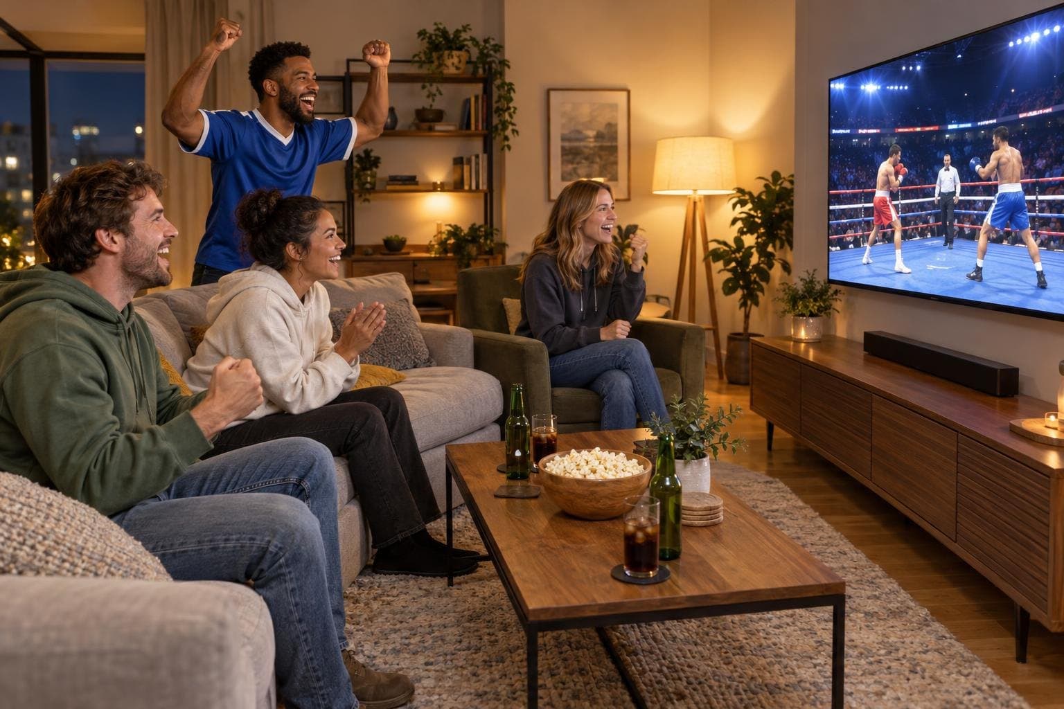 Friends cheering in a living room as they watch a boxing event live on a TV