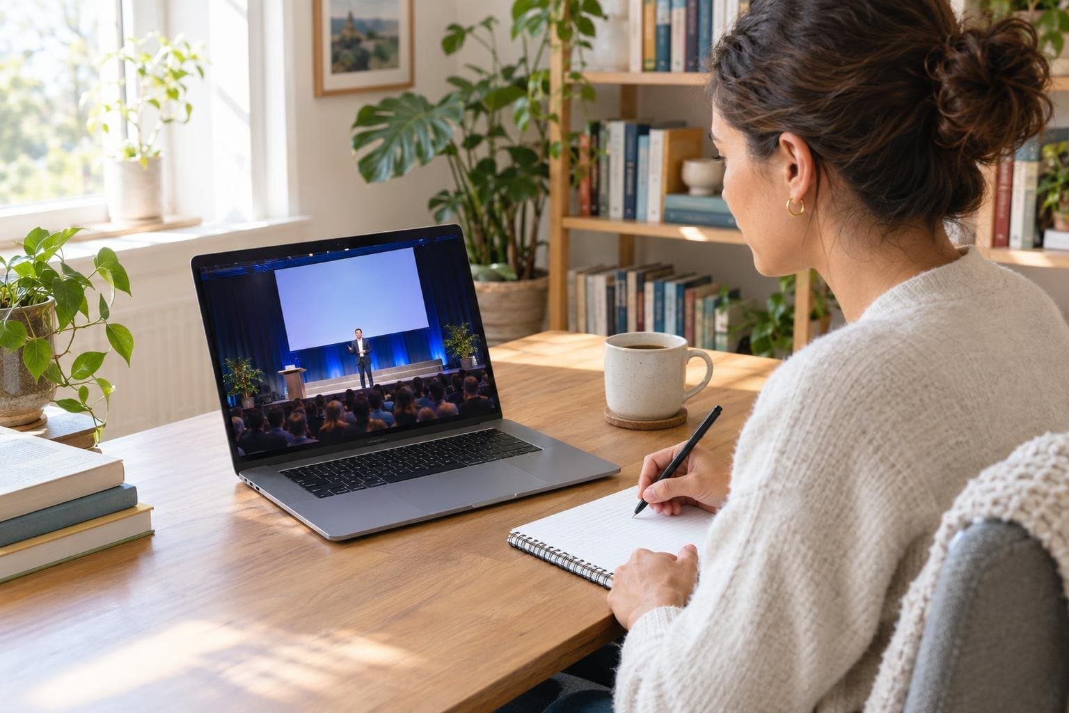 Remote attendee taking notes while watching a conference keynote live on her laptop