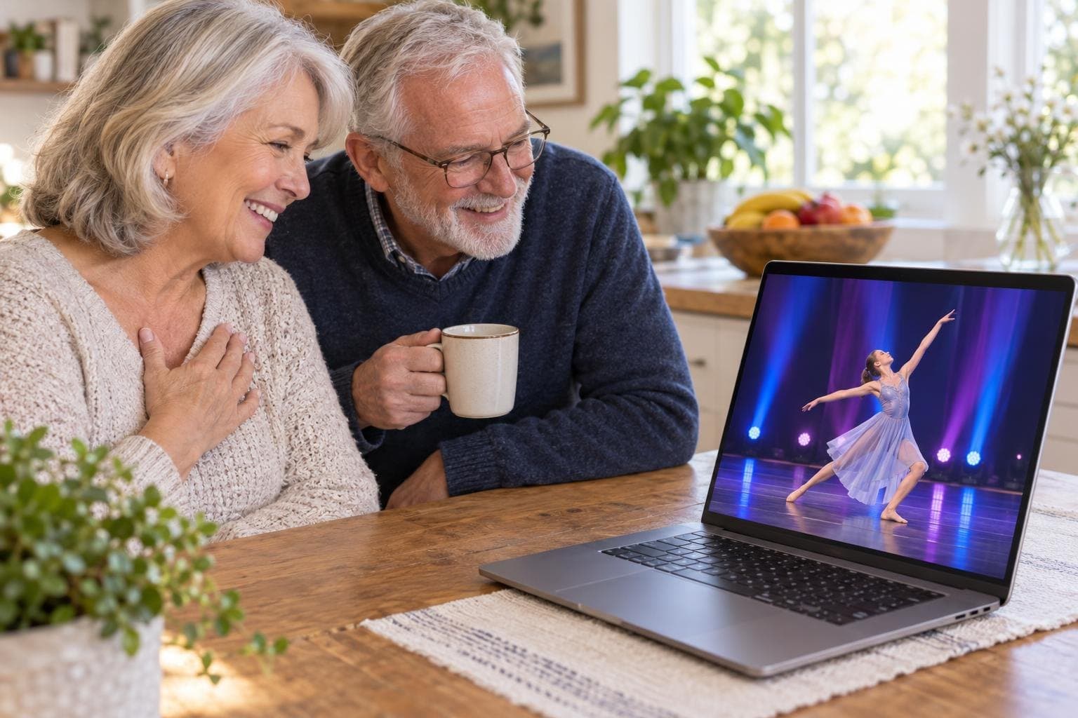 Abuelos viendo en una laptop, desde casa, la transmisión en vivo de una competencia de baile