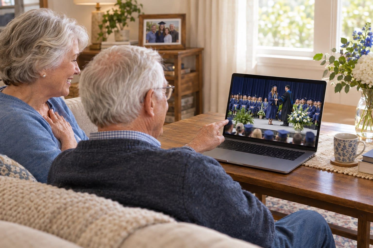 Grandparents watching a high school graduation live stream on a laptop at home