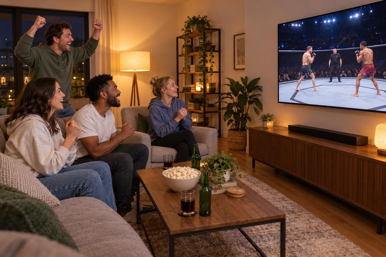 Amigos festejan en la sala de una casa mientras ven en vivo un evento de MMA en un televisor