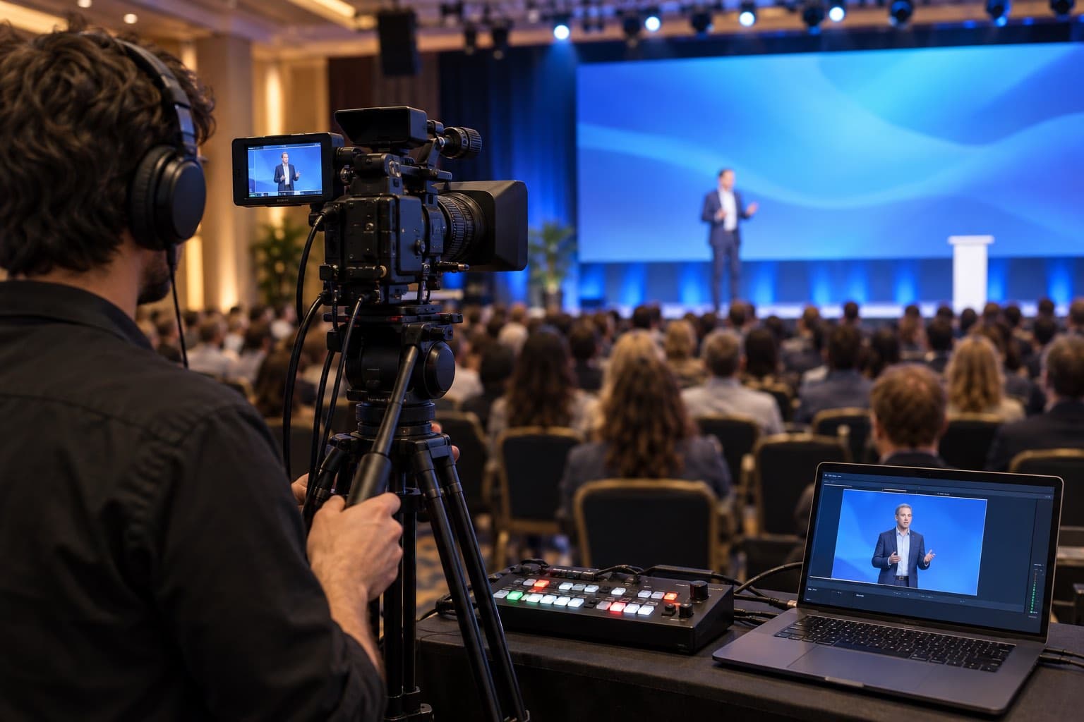 A camera operator streaming a conference keynote through a video switcher and a laptop