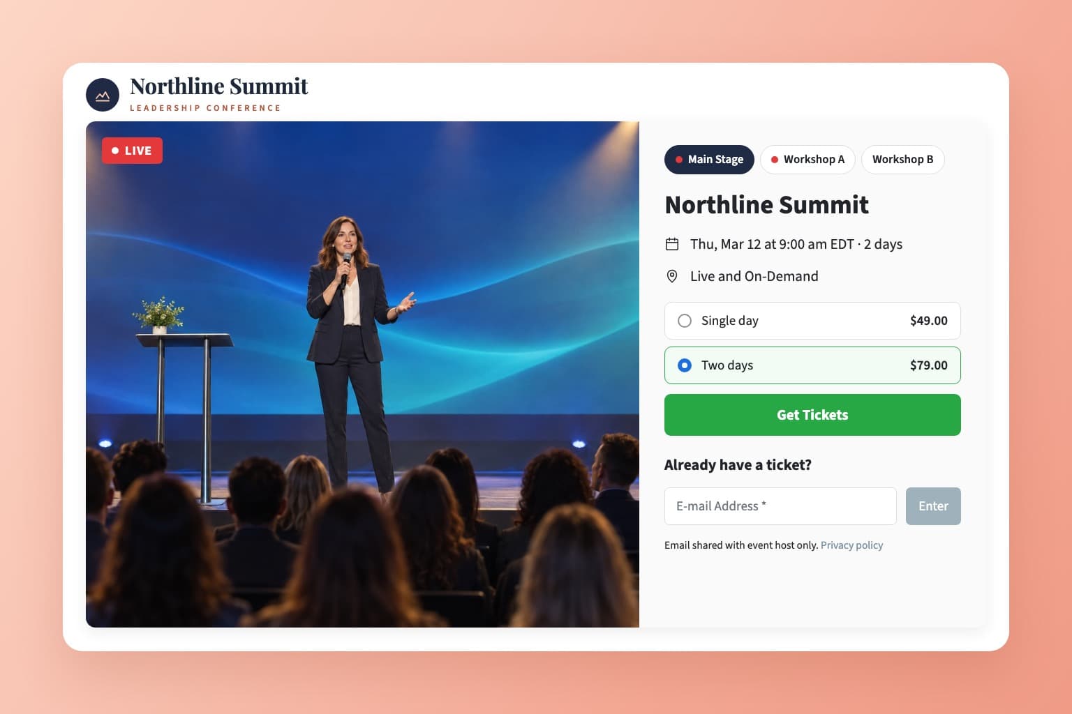 A conference ticket page with day passes and tabs for the main stage and two workshops