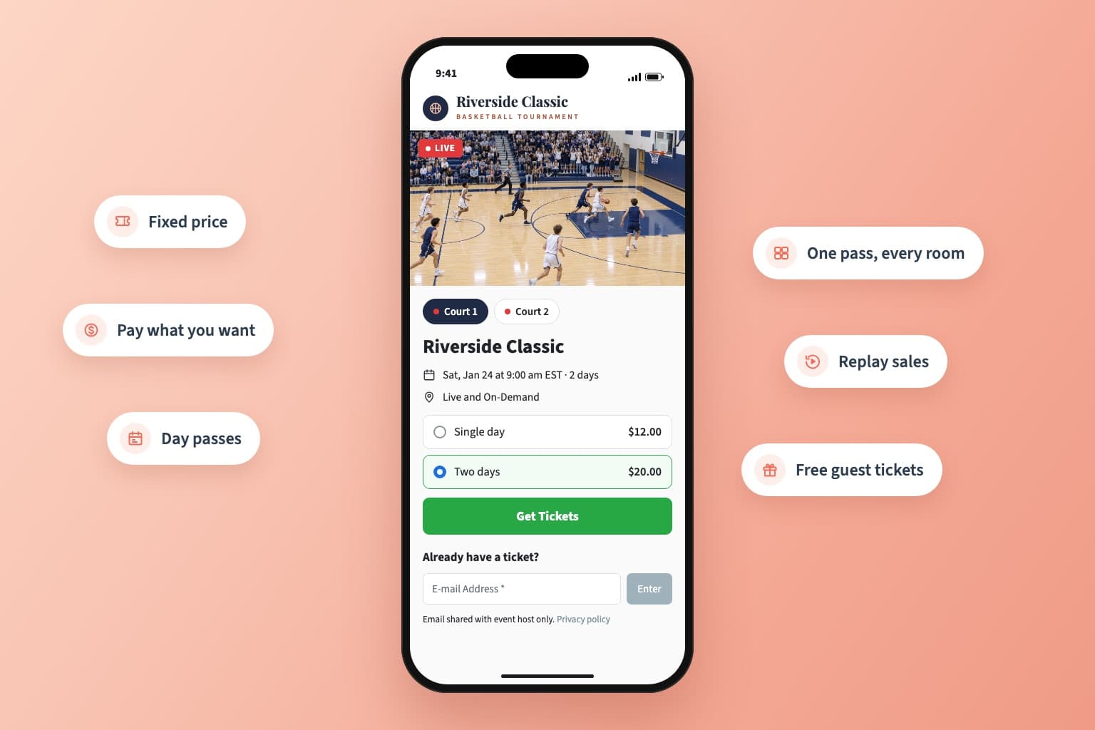 Teléfono con la página de boletos de un torneo de básquetbol, con pestañas por cancha y pases por día, rodeado de opciones de boletos