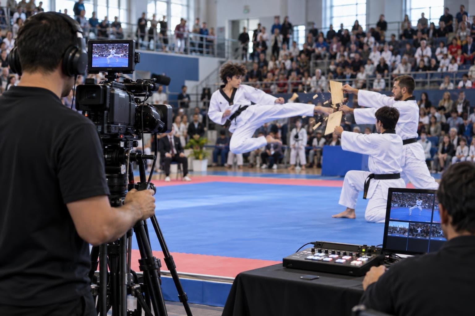 Combate, poomsae y rompimiento frente a la cámara