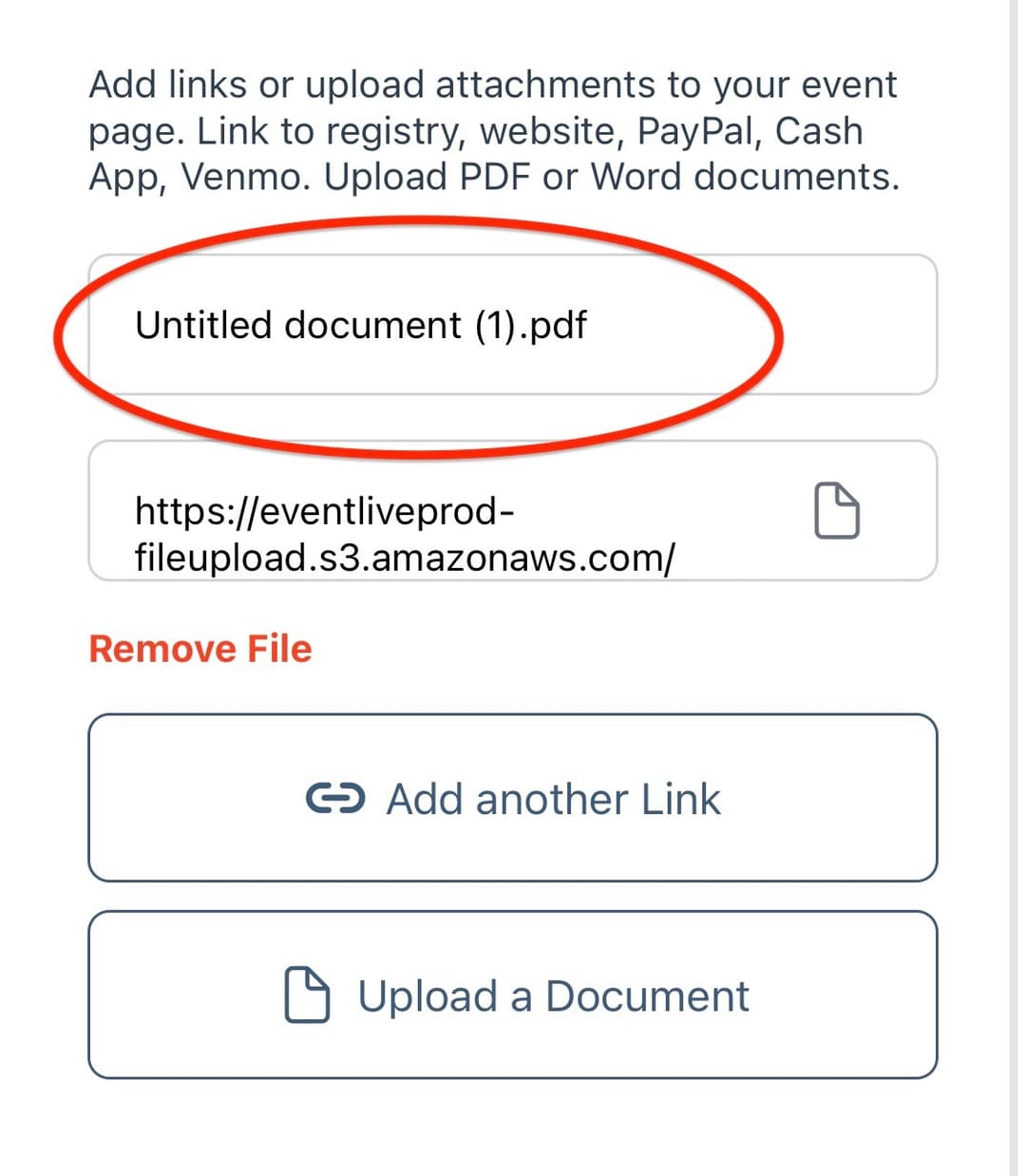 You can rename the Title of the document (how it will appear on the event page) right above the document link.