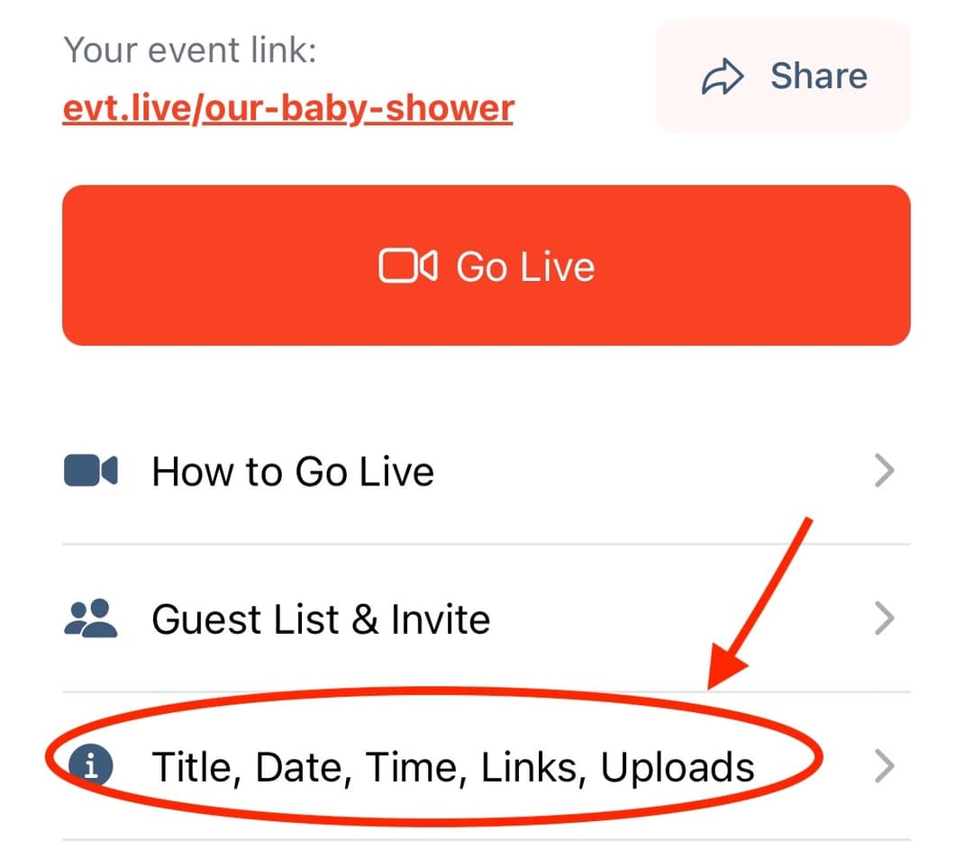 You can change the title of the event by going to the Title, Date, Time, Links, Uploads tab.