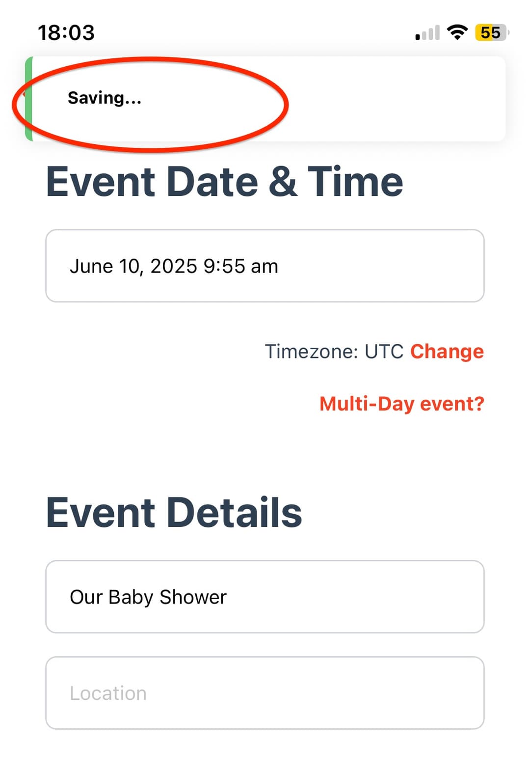 Once you update the Title of your event, it will be saved automatically.