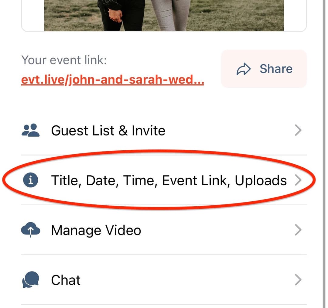 To change the event link, select your event and tap Title, Date, Time, Event Link, Upload tab
