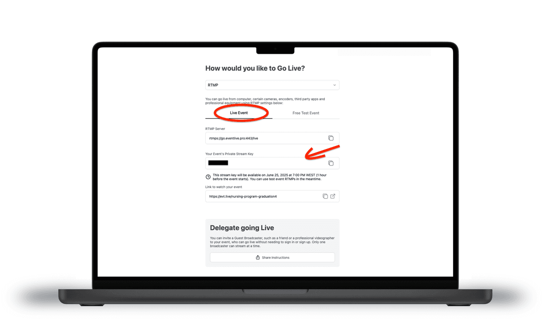 In the drop down menu choose your device or RTMP for your event's RTMP info and stream key