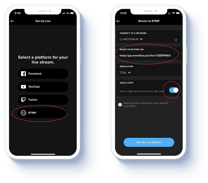 When using a GoPro camera, you will only need the "Full RTMP URL" so you can copy and paste it within the GoPro Quik App…