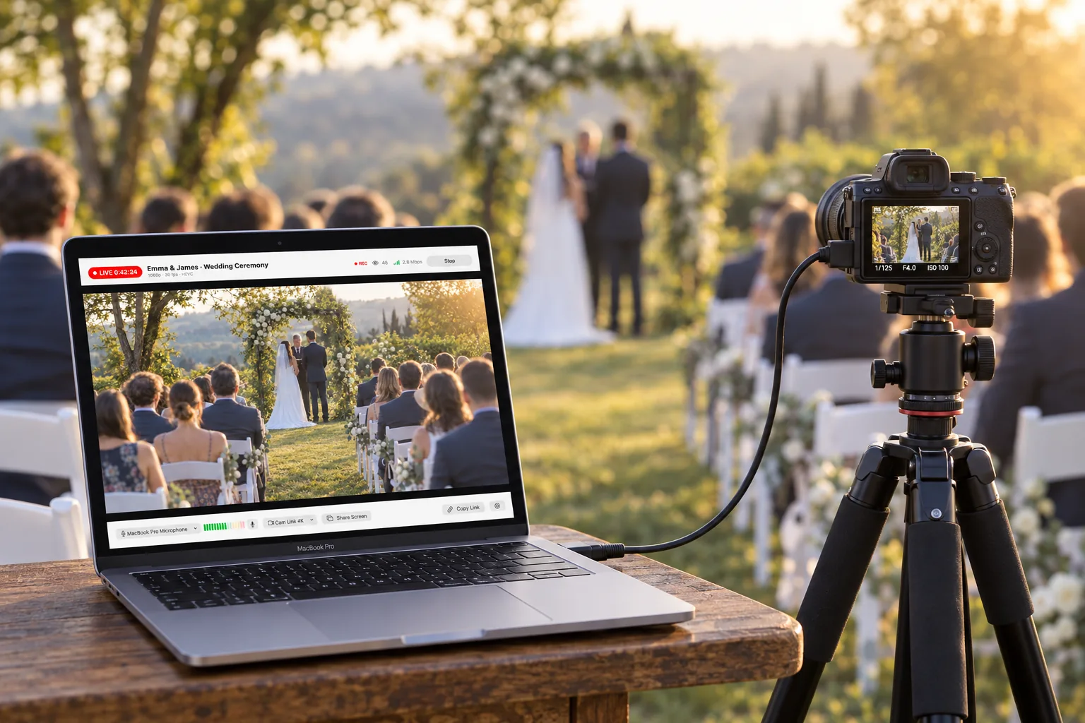 Una MacBook Pro transmite en vivo una ceremonia de boda al aire libre con EventLive para Mac, junto a una cámara en un trípode