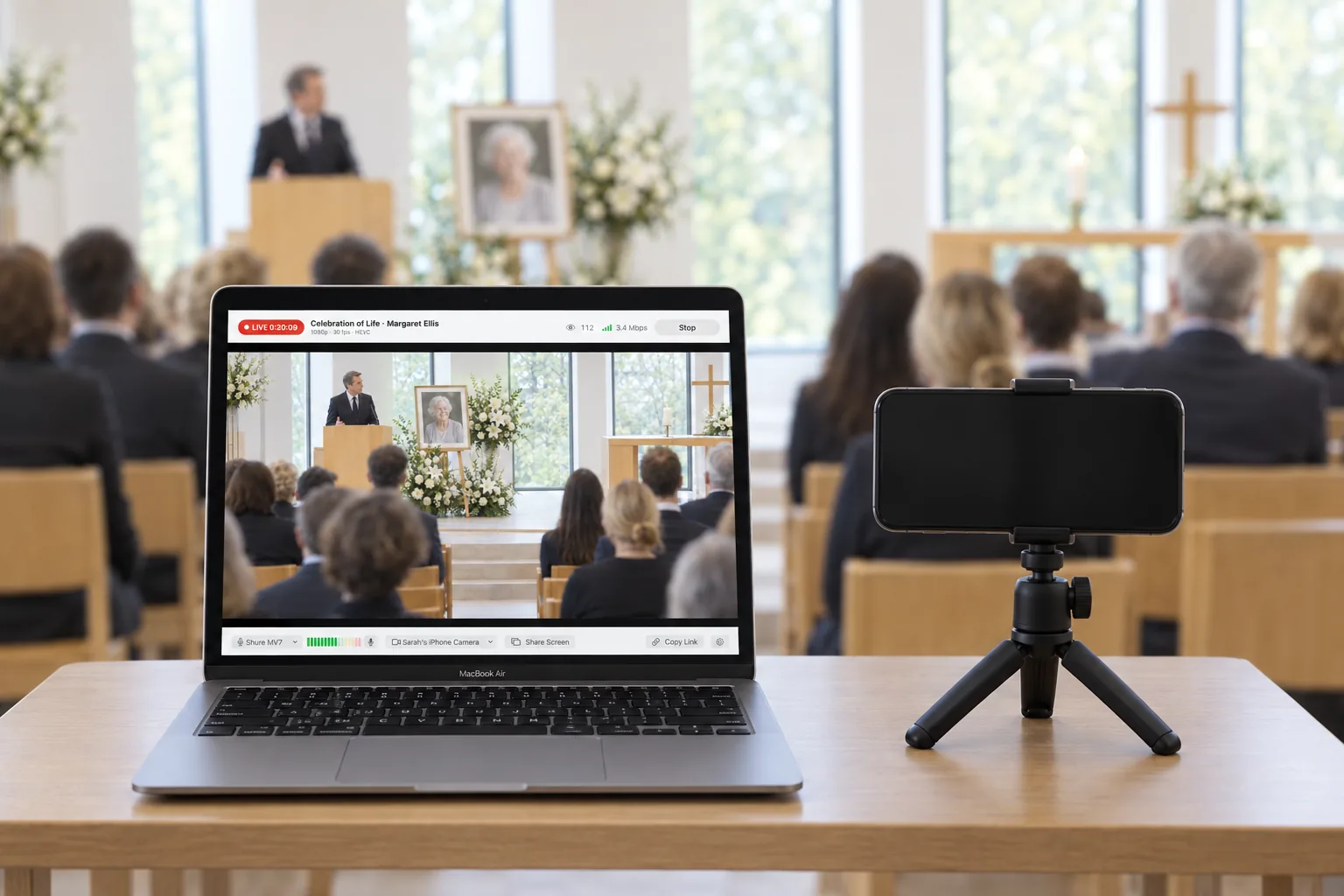 A MacBook Air live streaming a memorial service, with an iPhone on a small tripod as the camera