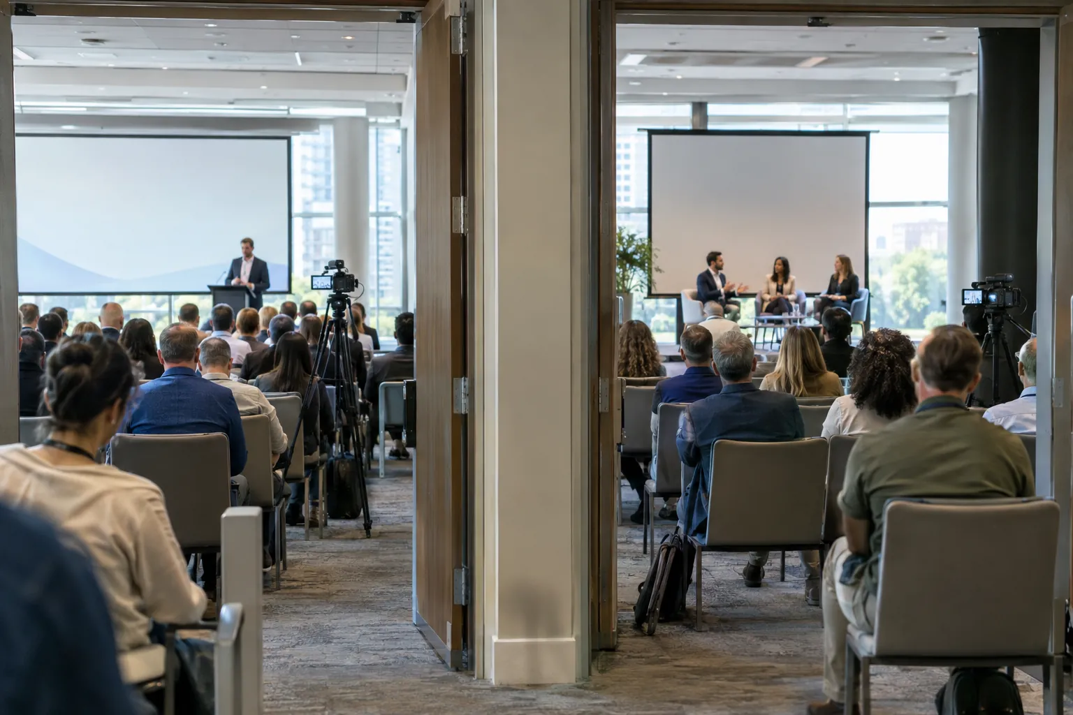 Two conference sessions running side by side, each filmed by its own camera on a tripod