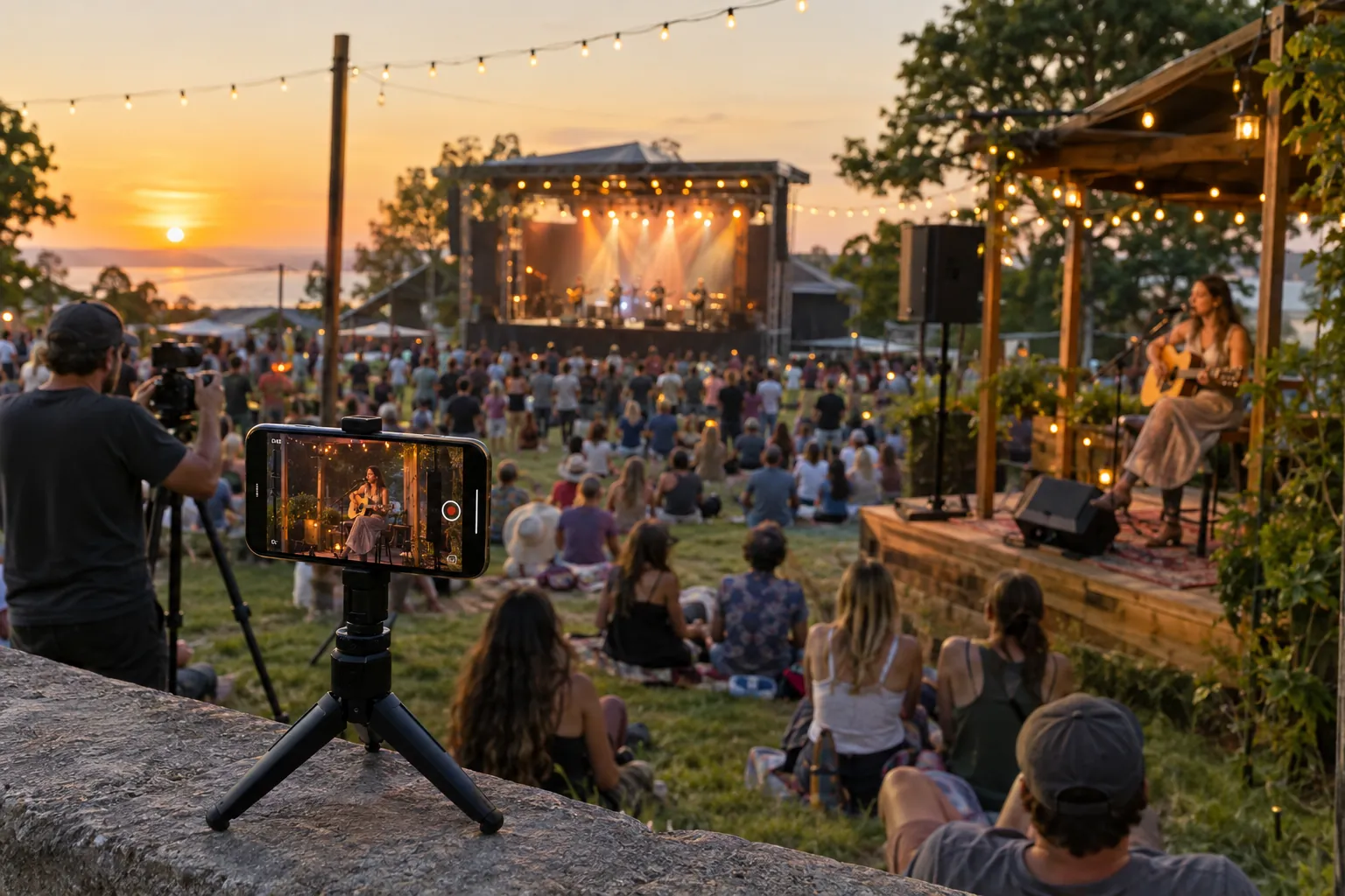 A phone and a camera live streaming two stages at an outdoor music festival at sunset