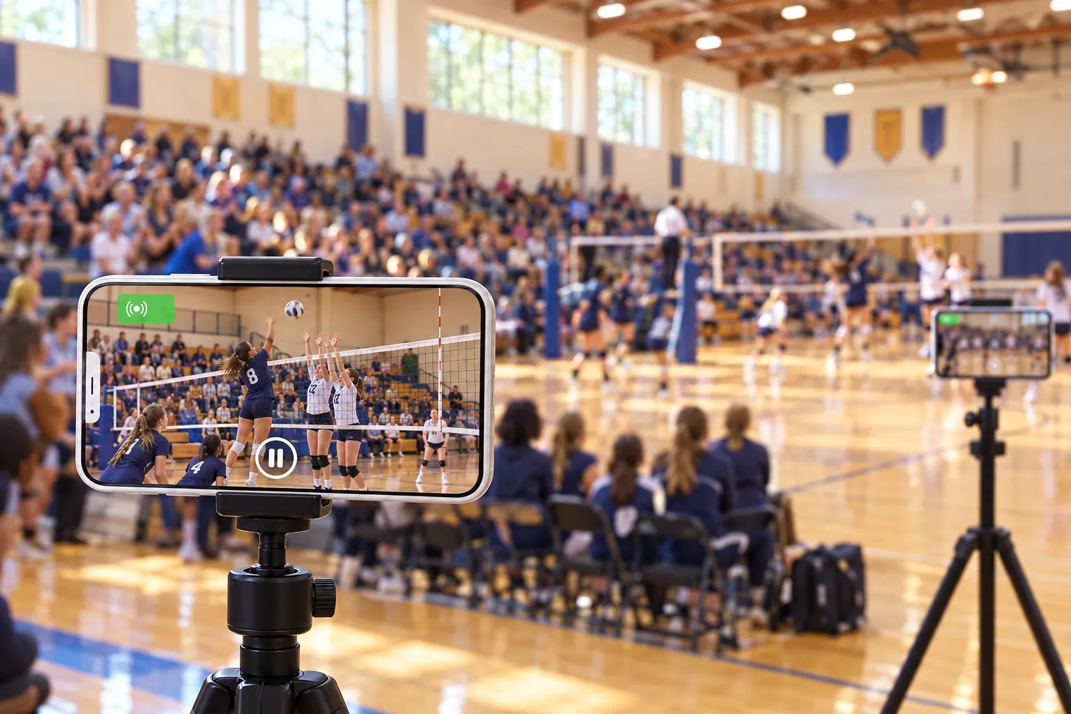 Two phones on tripods live streaming two volleyball courts at a youth tournament, one stream per court