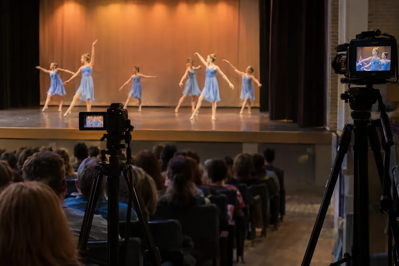 Two cameras filming a dance recital, a wide shot from the back and a close-up from the side