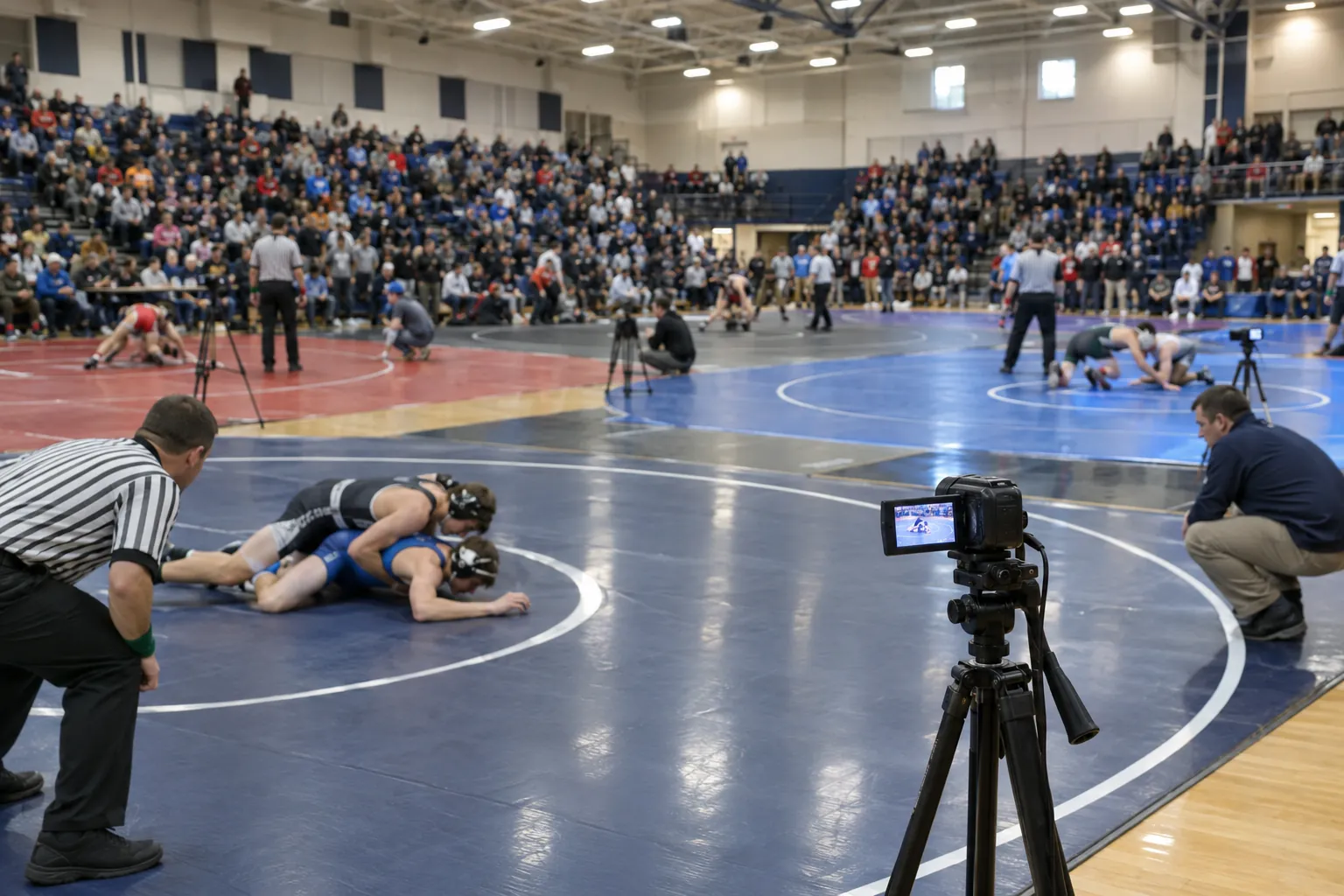 Cámaras en trípodes graban cuatro colchonetas de lucha a la vez durante un torneo de bachillerato