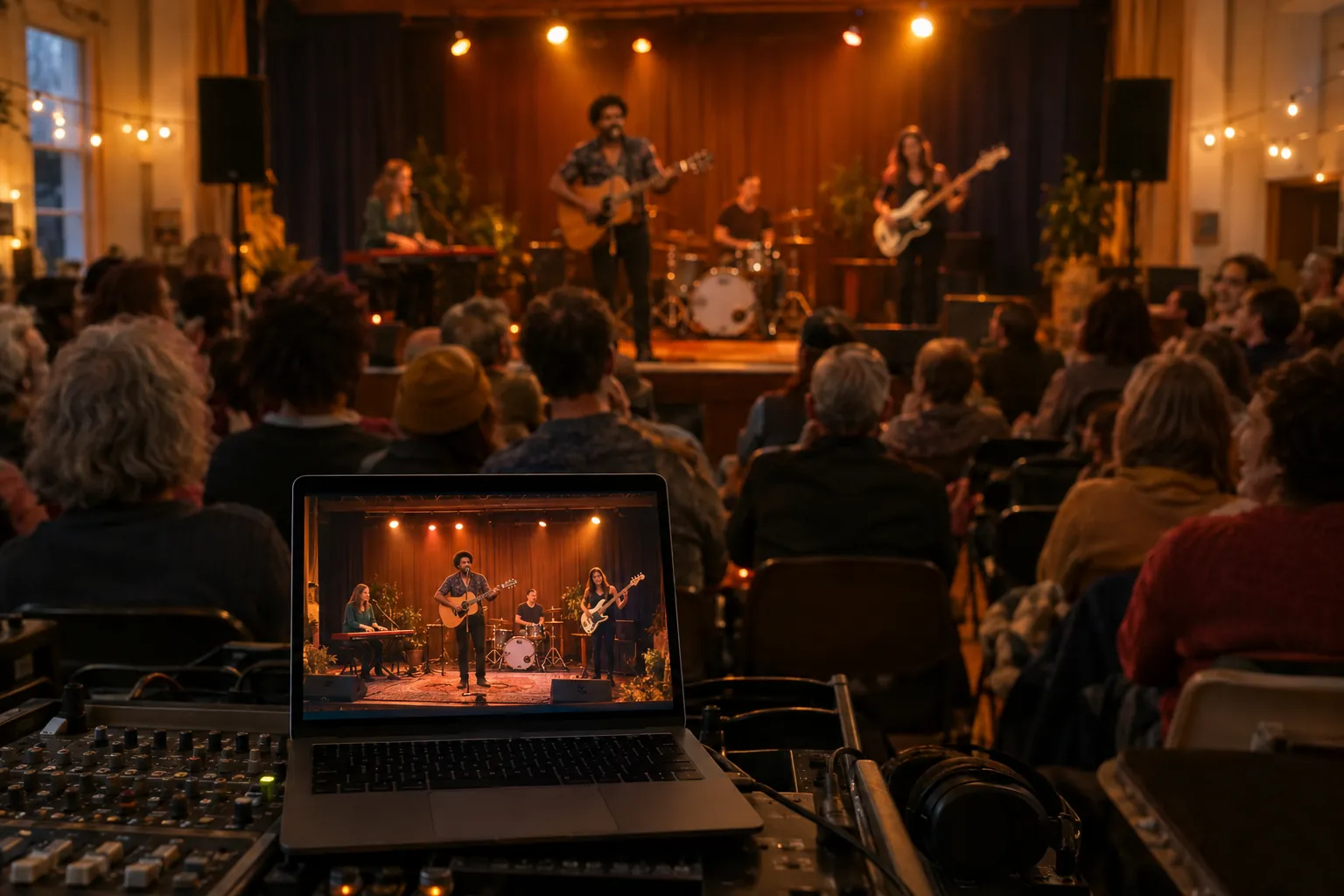 A laptop at the sound desk live streaming a benefit concert