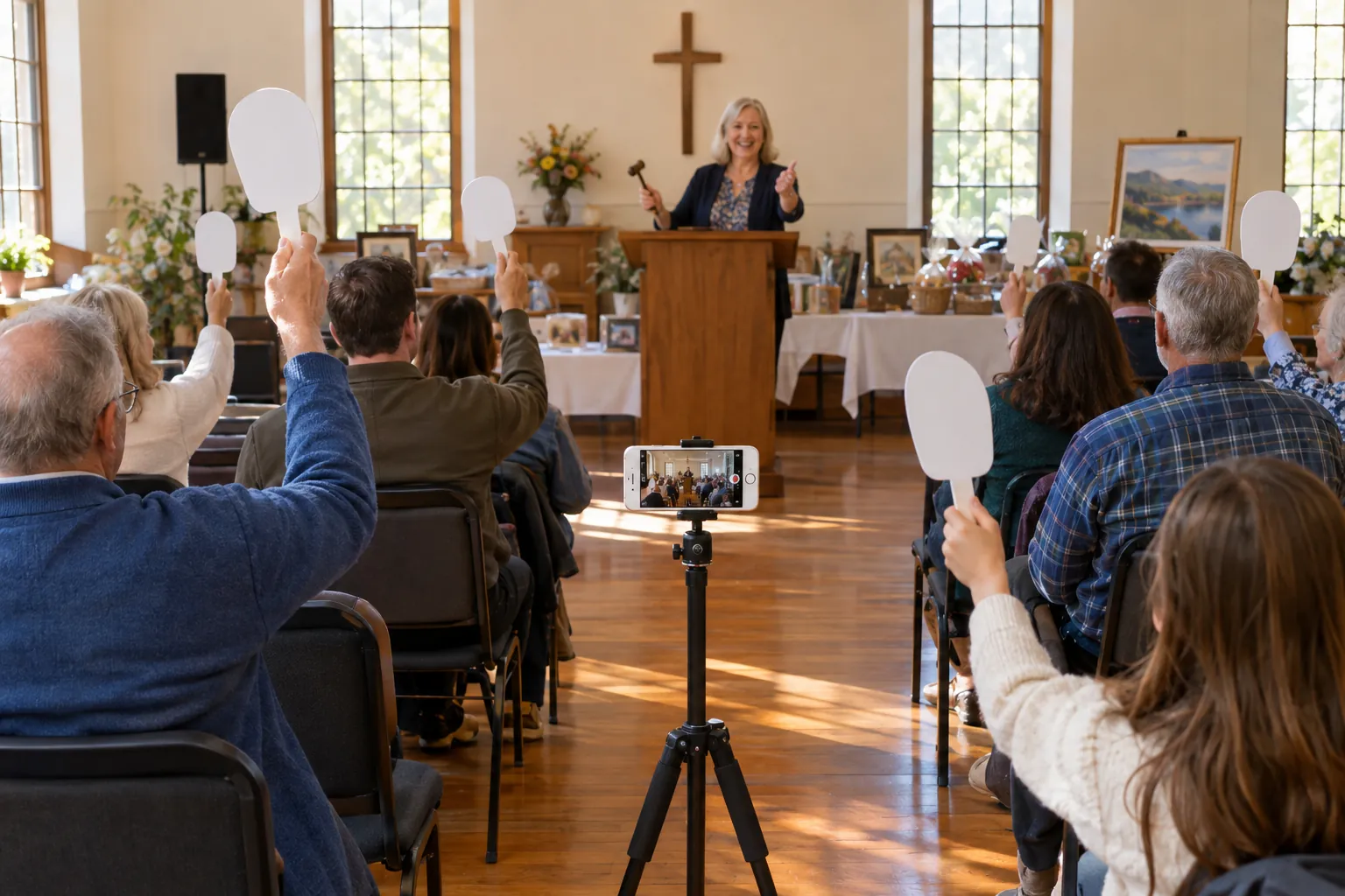 Guests raising paddles at a community hall fundraising auction that is being live streamed from a phone