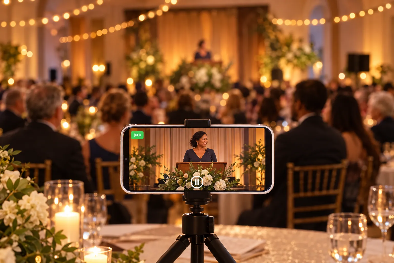 A smartphone on a small tripod live streaming a nonprofit's charity gala