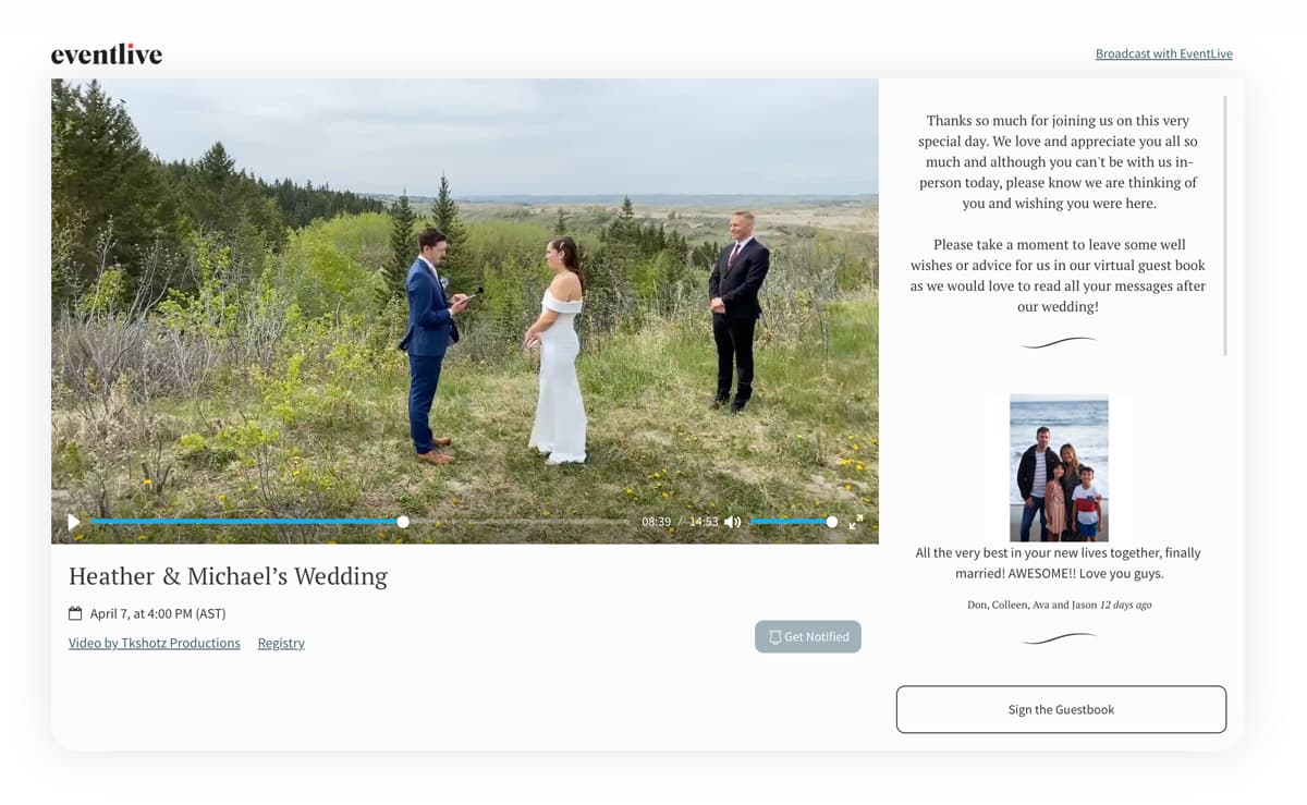 A wedding event page with the video, the couple's welcome message and a guestbook message beside it