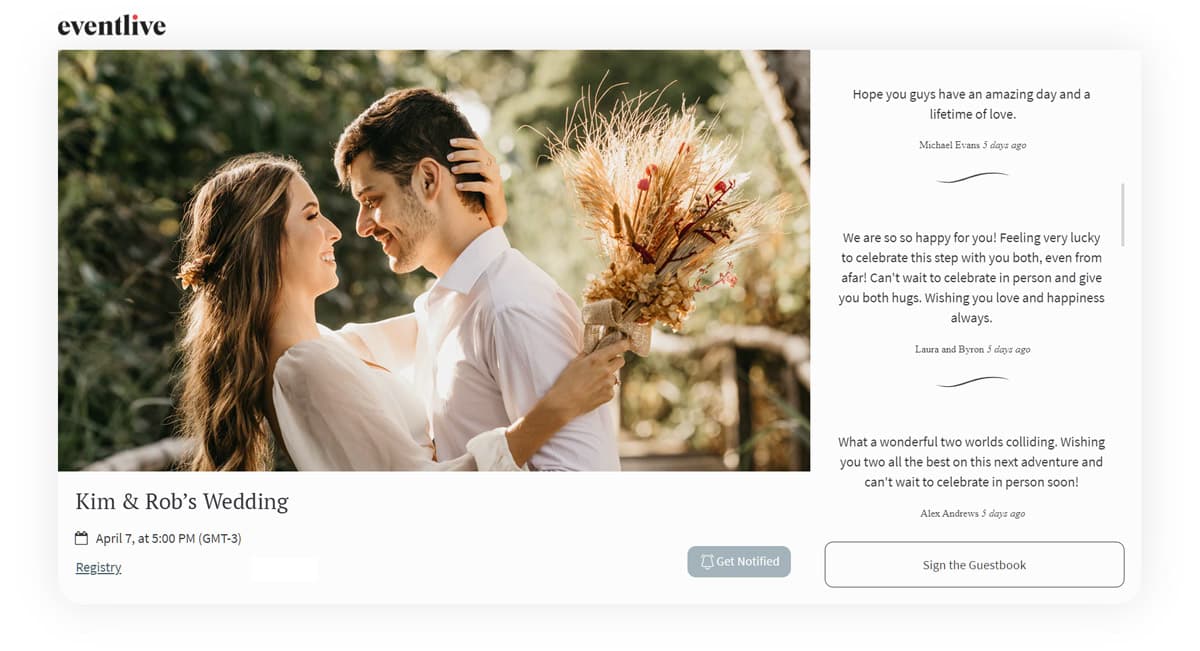 An EventLive event page for Kim and Rob's wedding, with guestbook messages beside the video