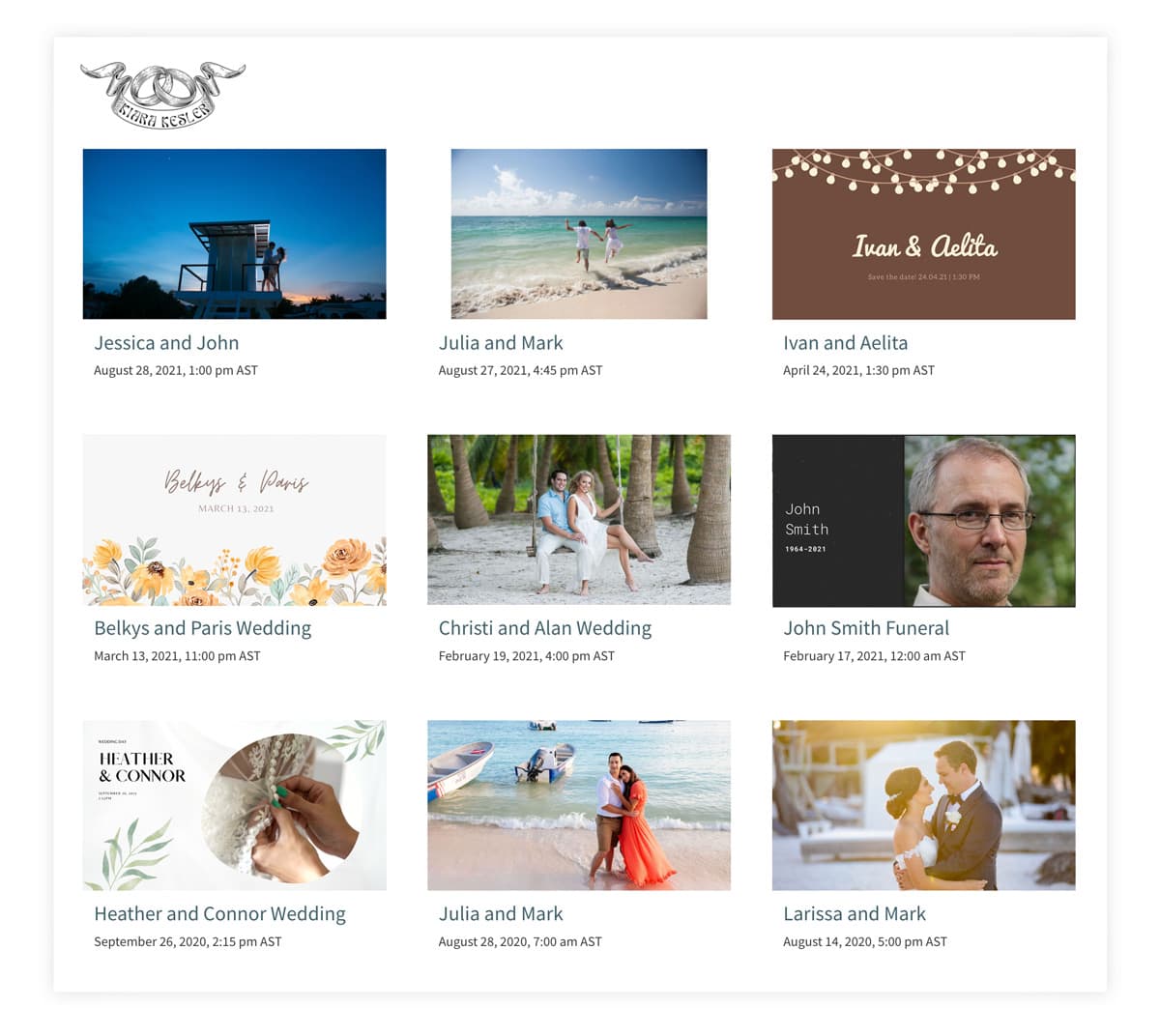A video company's page listing its wedding and funeral live streams, with its own logo at the top