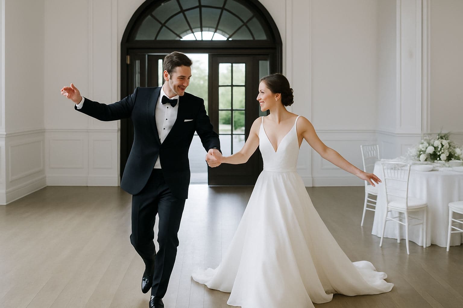 A bride and groom dancing hand in hand across an empty reception hall