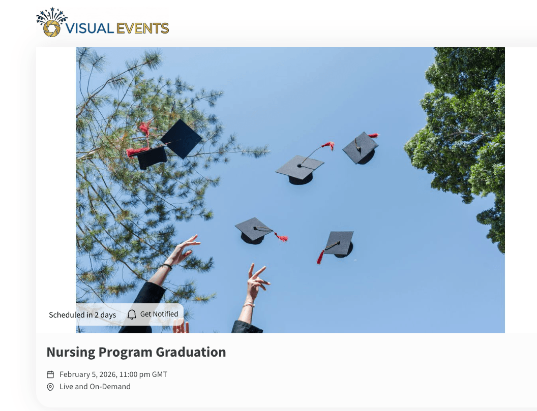 Página del evento de una graduación con el logotipo de una productora en lugar del de EventLive