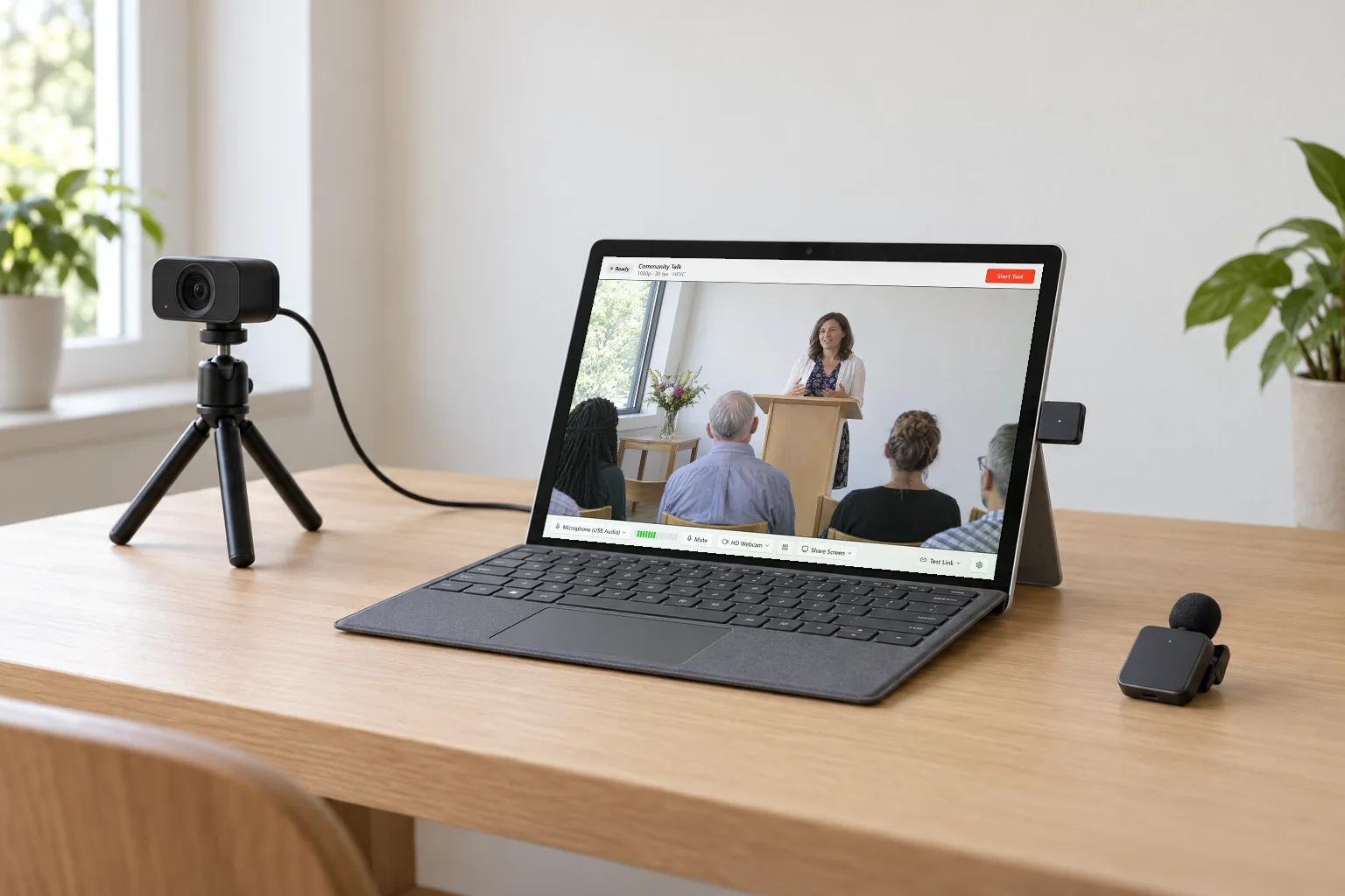 A Surface Pro on a table running the EventLive Studio, with a webcam on a mini tripod and a wireless clip-on microphone whose receiver is plugged into the Surface