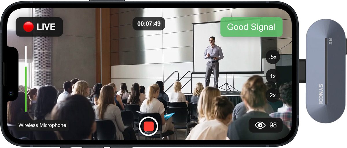 live streaming app with a wireless microphone attached to an iphone