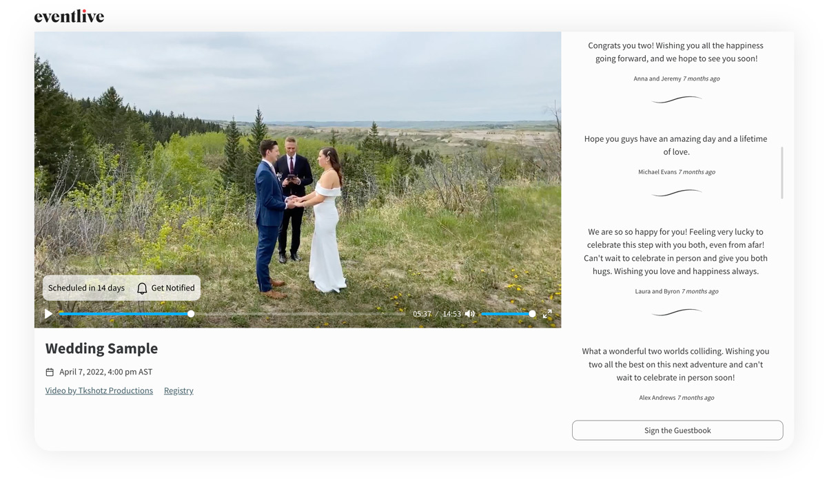 wedding live stream viewing page